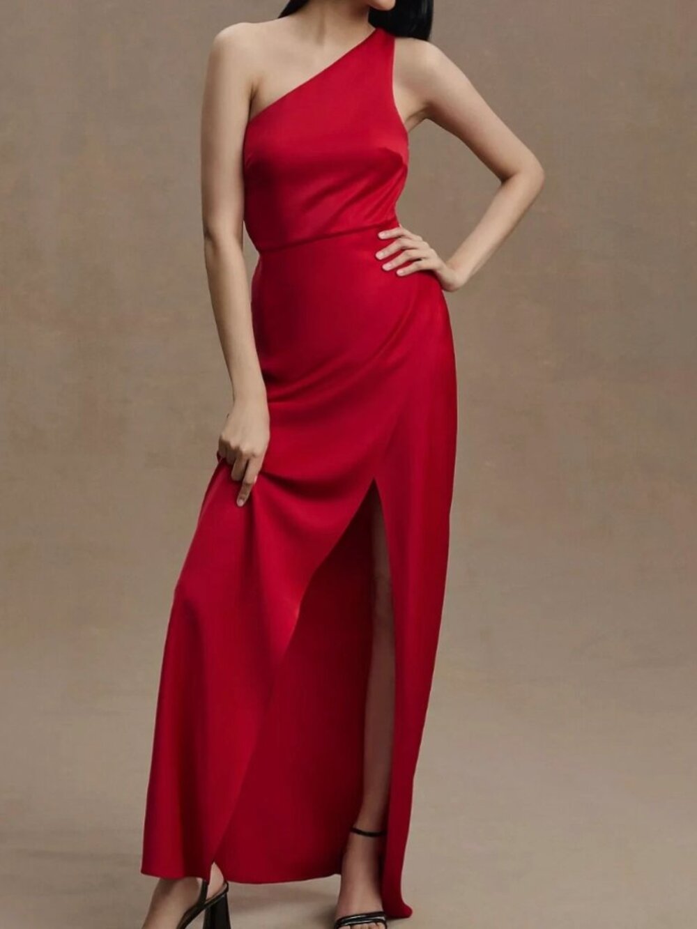 BHLDN by Anthropologie One-Shoulder Red Satin Evening Gown